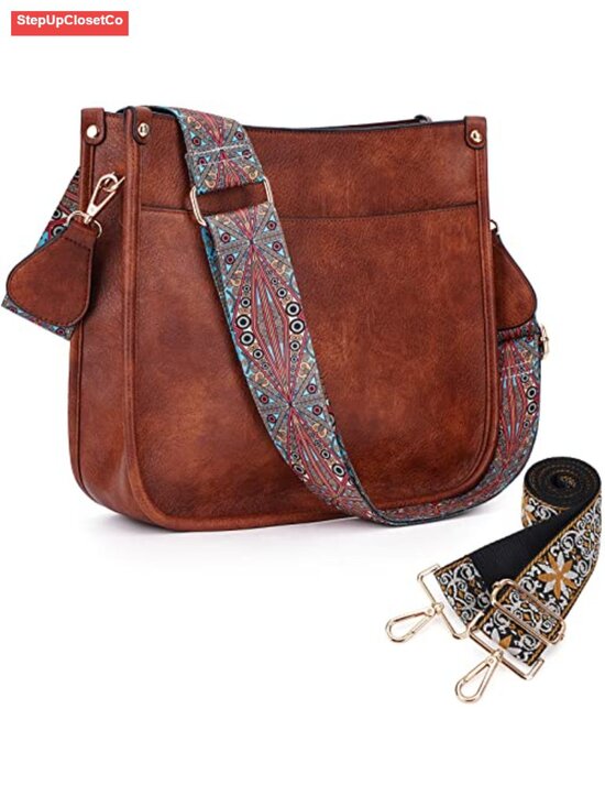 Handbags - Women's Vegan Leather Hobo Crossbody Bag with 2 Adjustable Guitar Straps Gold